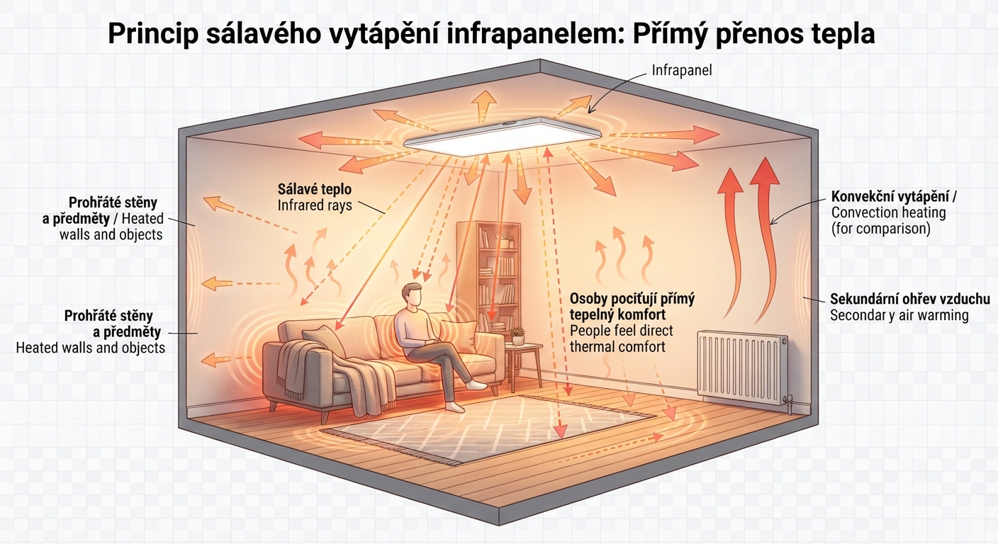 Schéma znázorňující přenos sálavého tepla z infrapanelu na stěny a předměty v místnosti